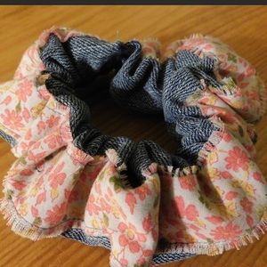 Pink Floral daisy & denim Handmade eco shabby chic  scrunchie Hair tie